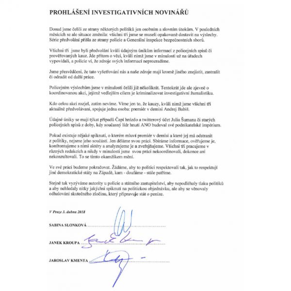 PROHLÁŠENÍ INVESTIGATIVNÍCH NOVINÁŘŮ